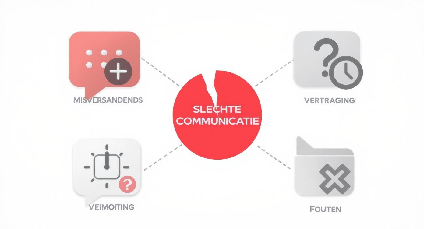 Diagram toont slechte communicatie met vier oorzaken: misversandends, vertraging, veimoiting en fouten in rood