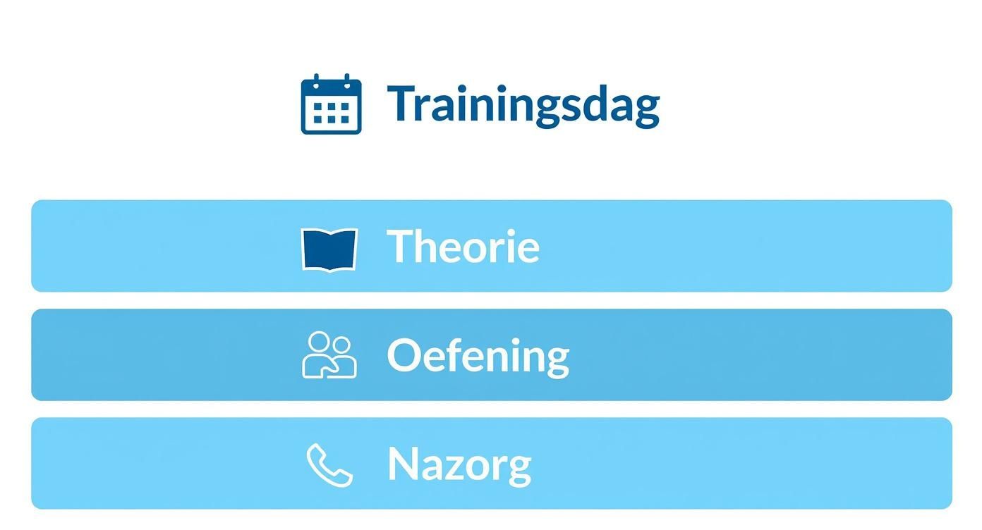 Trainingsdag interface met drie opties: Theorie, Oefening en Nazorg met kalender icoon bovenaan