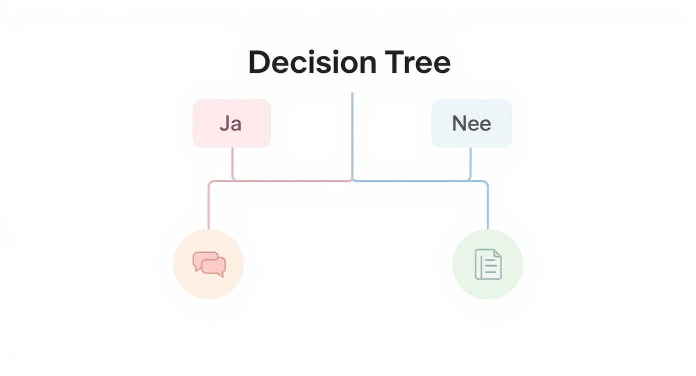 Een vereenvoudigd beslissingsboom diagram met twee paden: 'Ja' leidt naar communicatie en 'Nee' naar documentatie.