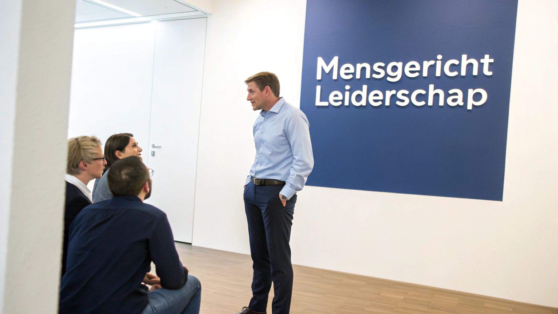 Een man presenteert 'Mensgericht Leiderschap' aan een groep van drie luisterende deelnemers in een moderne ruimte.