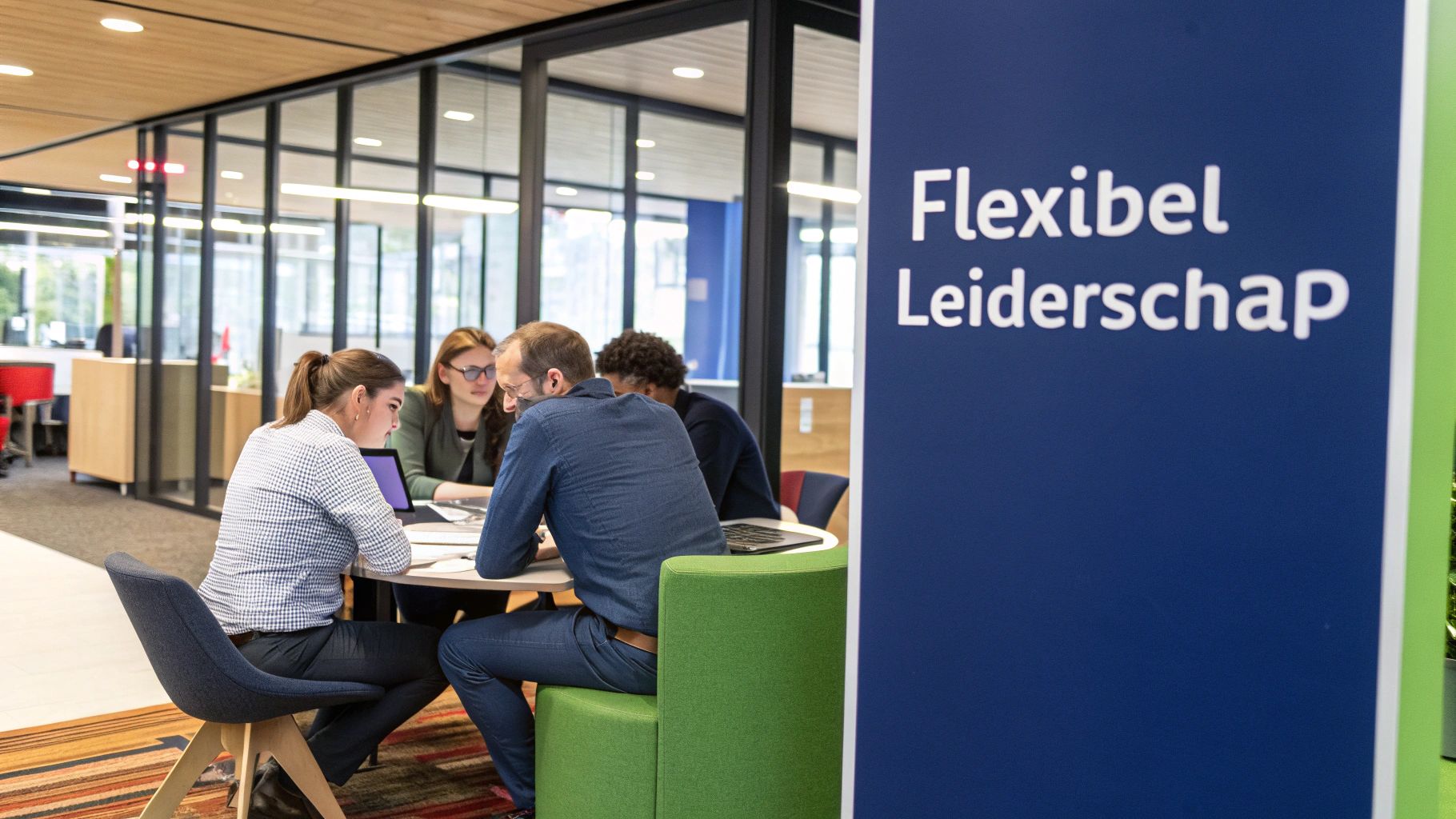 Een groep collega's die samenwerkt aan een bureau, wat flexibel leiderschap symboliseert
