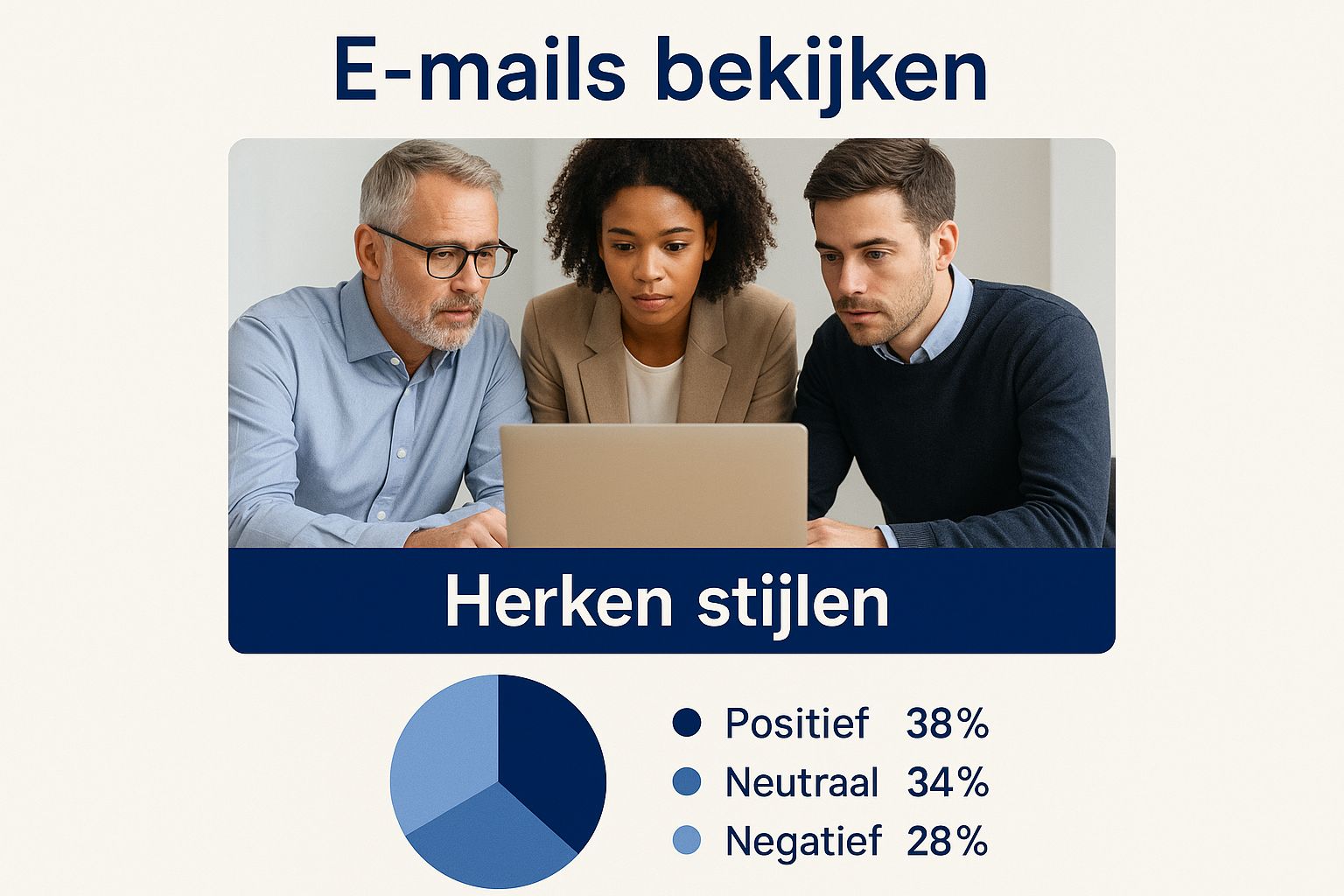 Infographic met collega's die e-mails bekijken, met een tekstblok 'Herken stijlen'.