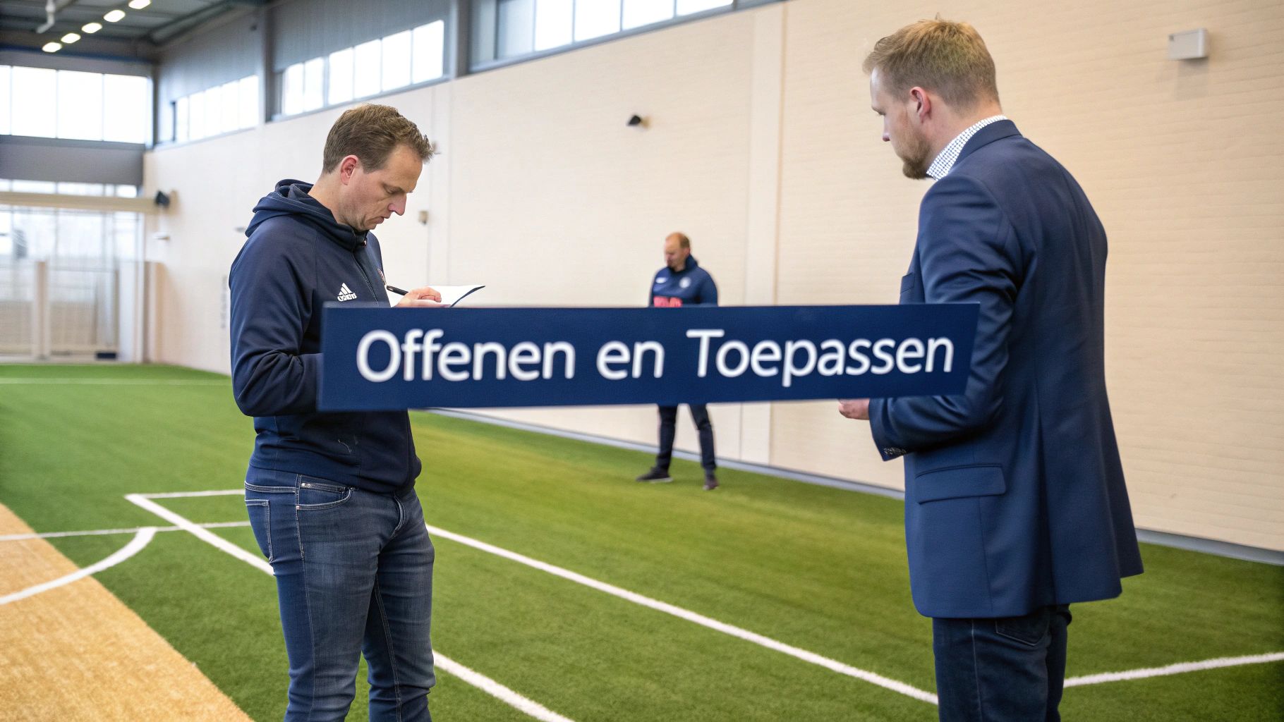 Twee mannen op een kunstgrasveld bespreken een leiderschapstraining, met een bord 'Offenen en Toepassen'.