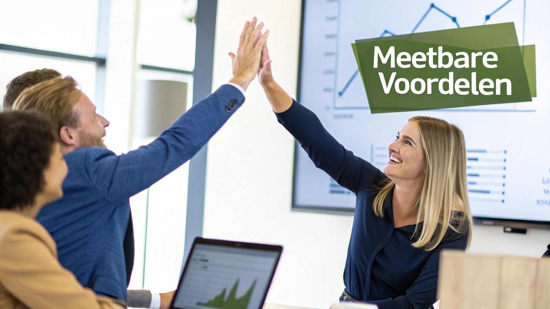 Twee lachende collega's vieren succes met een high-five, omringd door datavisualisaties en een laptop.