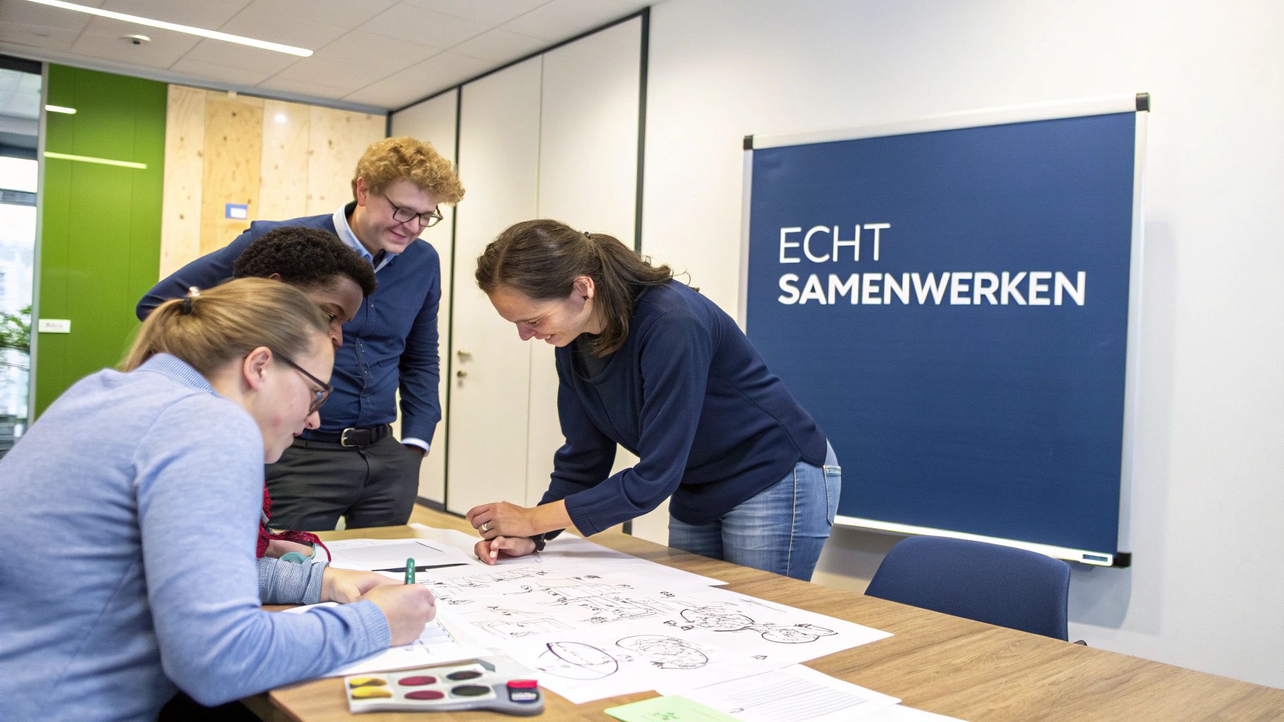 Een divers team werkt samen aan een project in een modern kantoor