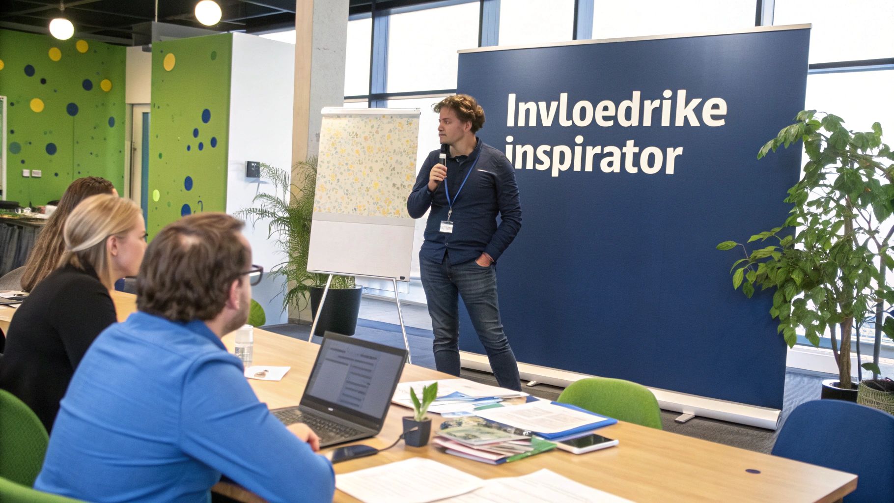 Een man geeft een presentatie met een microfoon voor een blauw spandoek aan een groep luisterende mensen.