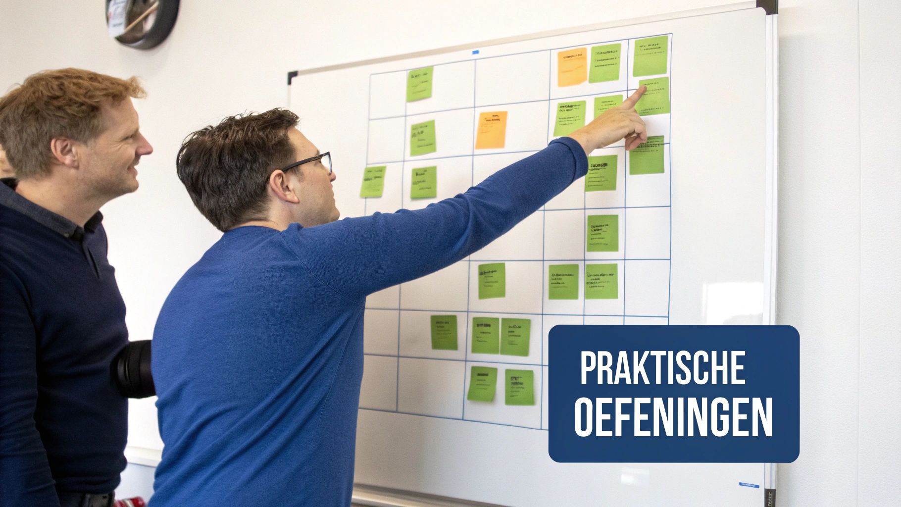 Een team dat samenwerkt rond een whiteboard met een rollen- en verantwoordelijkhedenmatrix