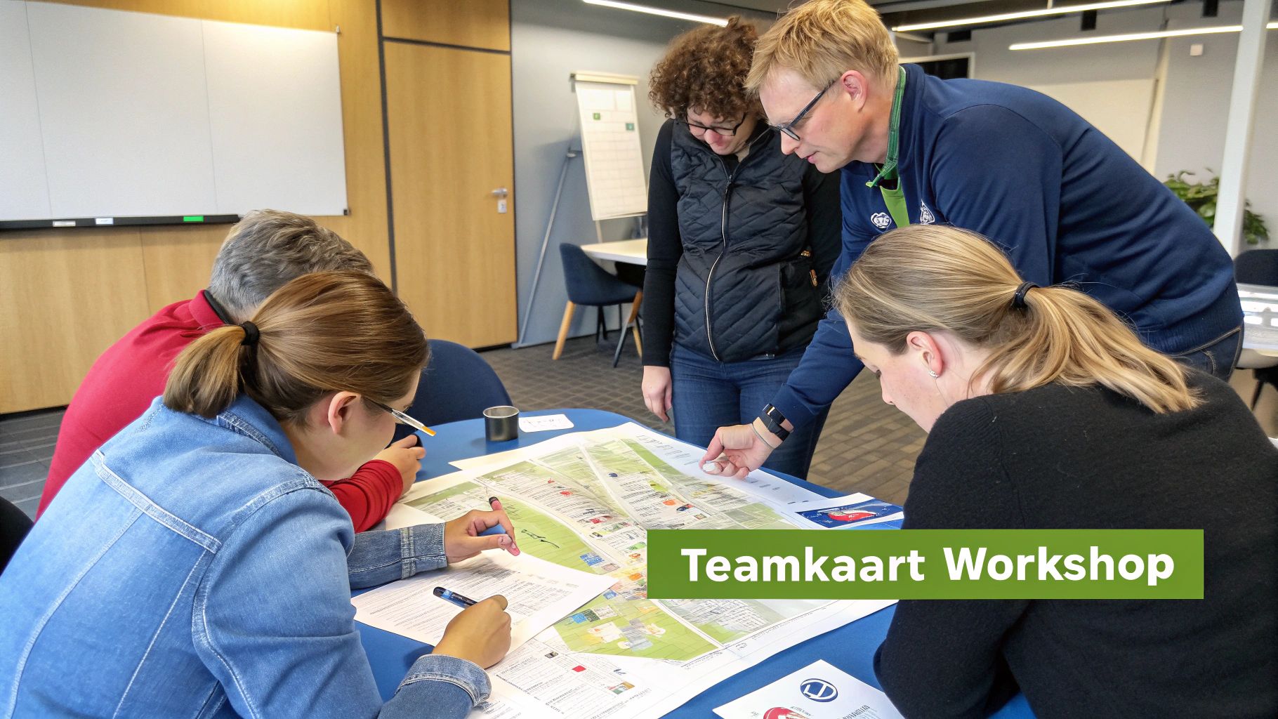 Een groep mensen werkt samen aan een kaart op een tafel tijdens een workshop.