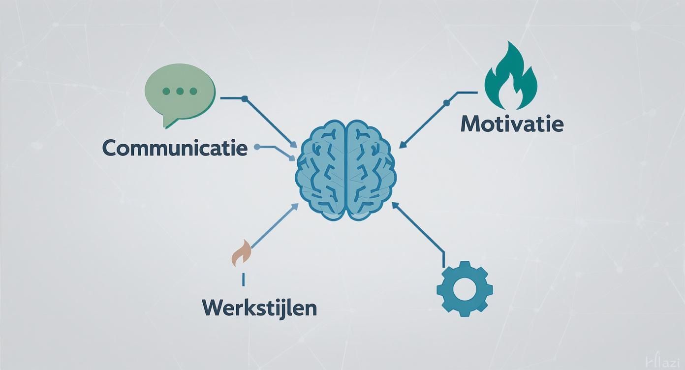 Infographic: een menselijk brein centraal, gelinkt aan communicatie, motivatie en werkstijlen.