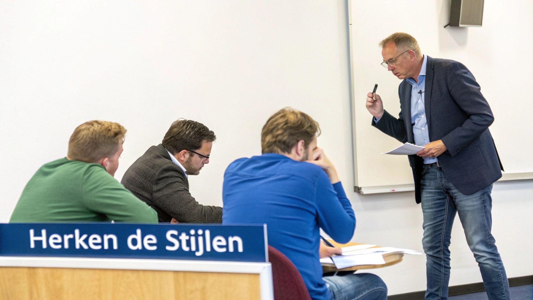 Een team bespreekt projectplannen rond een tafel, waarbij verschillende gedragsstijlen zichtbaar zijn.