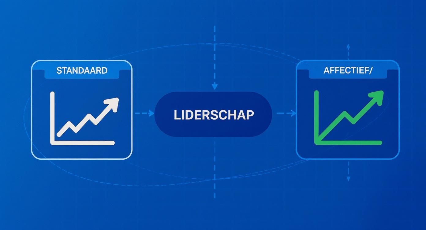 Schema dat toont hoe leiderschap een standaard resultaat omzet in een affectief, verbeterd resultaat, weergegeven door twee lijngrafieken.