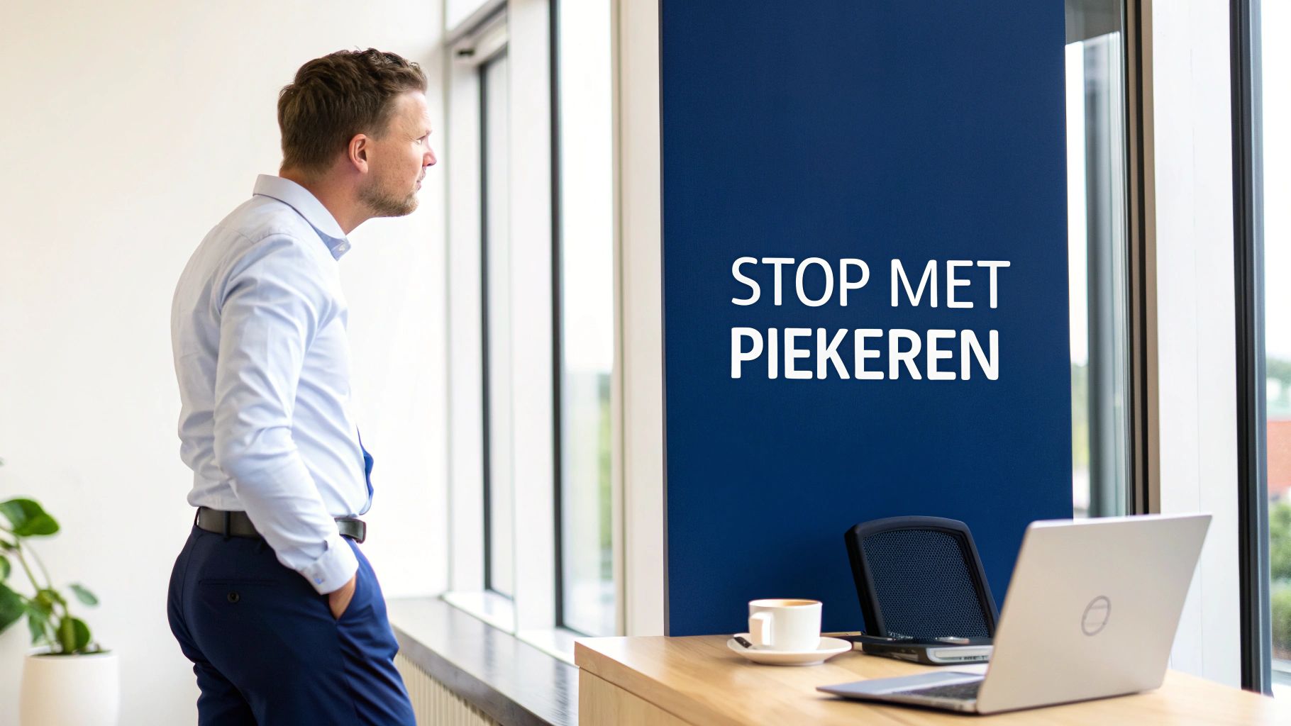 Een persoon die in het midden van twee concentrische cirkels staat, die de Covey cirkel van invloed en betrokkenheid vertegenwoordigen