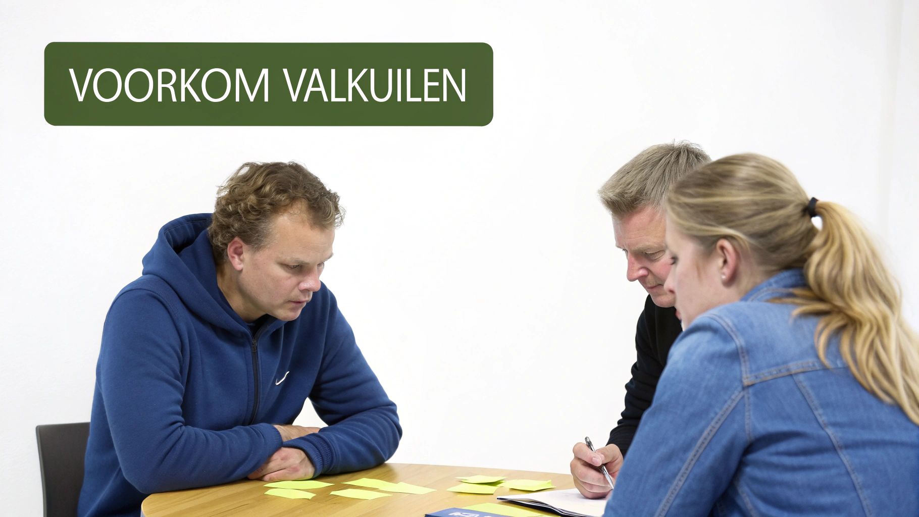De tekst 'VOORKOM VALKUILEN' staat bovenaan. Drie personen nemen deel aan een workshop. Ze zitten rond een tafel en werken met gele post-its, mogelijk brainstormend.