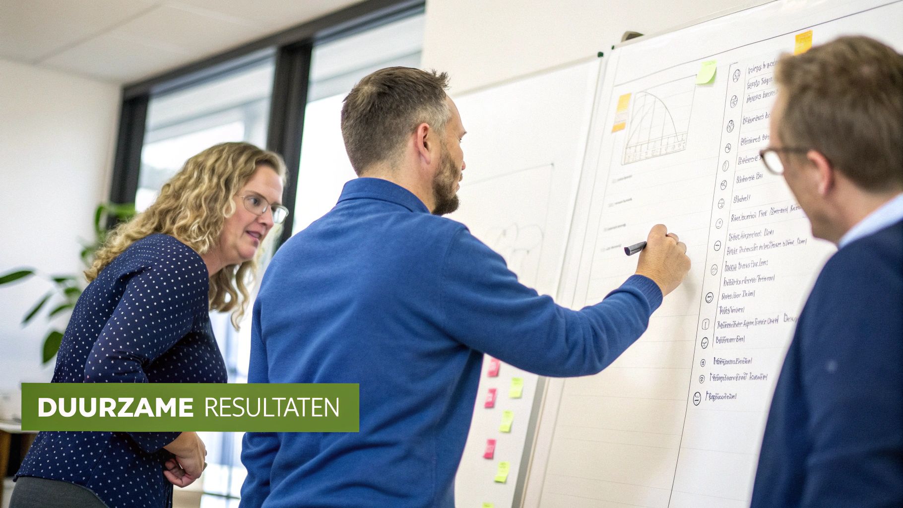 Drie mensen bespreken idee&euml;n bij een whiteboard tijdens een workshop over duurzame resultaten.