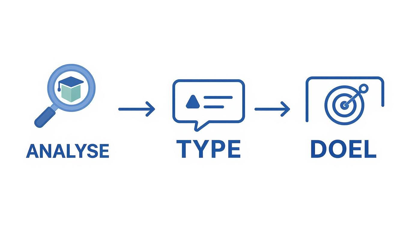 Drie stappen van analyse, type en doel met pictogrammen van vergrootglas, spraakballon en doelwit