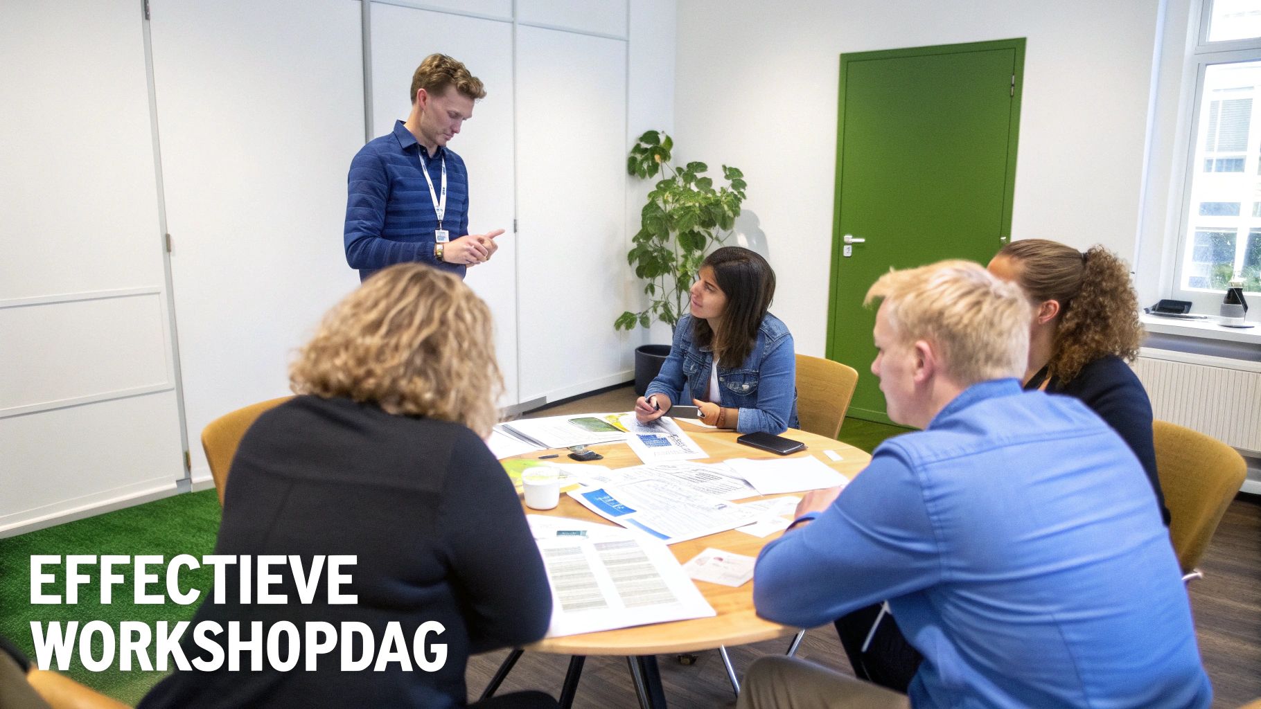 Een man staat en presenteert aan een groep mensen die rond een tafel zitten.