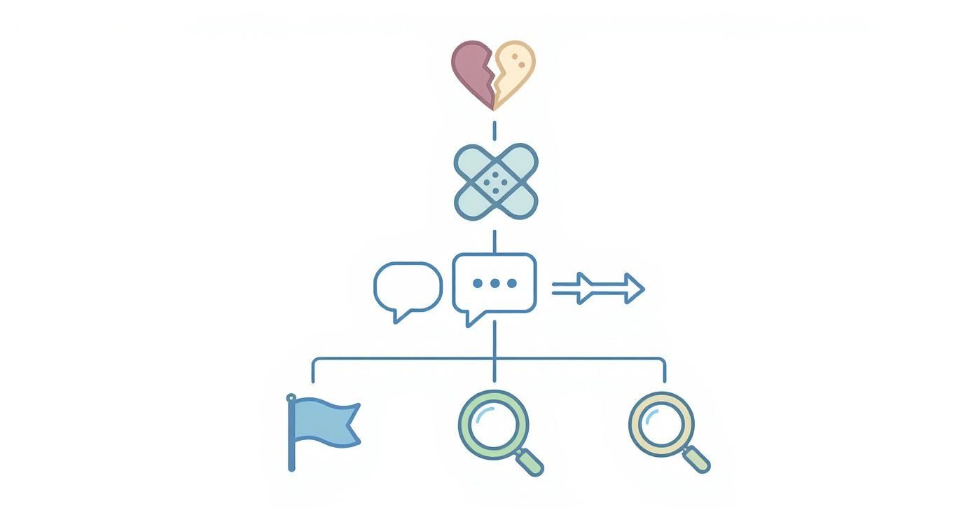 Diagram van een gebroken hart, verband, chatbellen en vergrootglazen voor probleemoplossing.