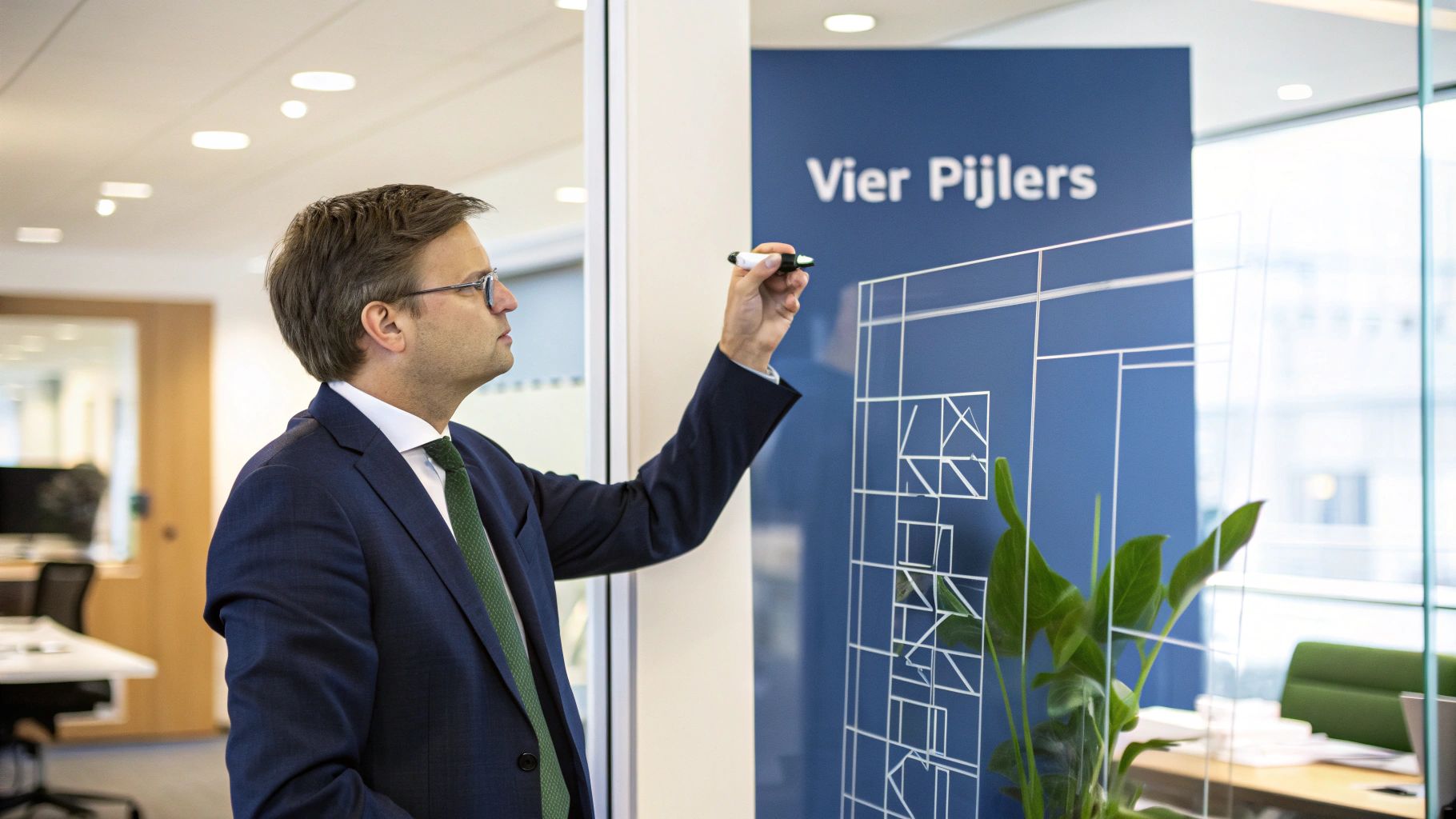 Vier mensen die samenwerken aan een tafel, symbolisch voor de vier pijlers van persoonlijk leiderschap.