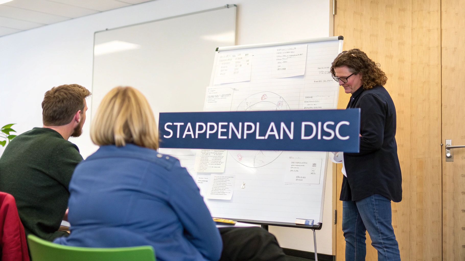 Een vrouw presenteert een DISC stappenplan op een whiteboard aan deelnemers tijdens een interactieve trainingssessie.