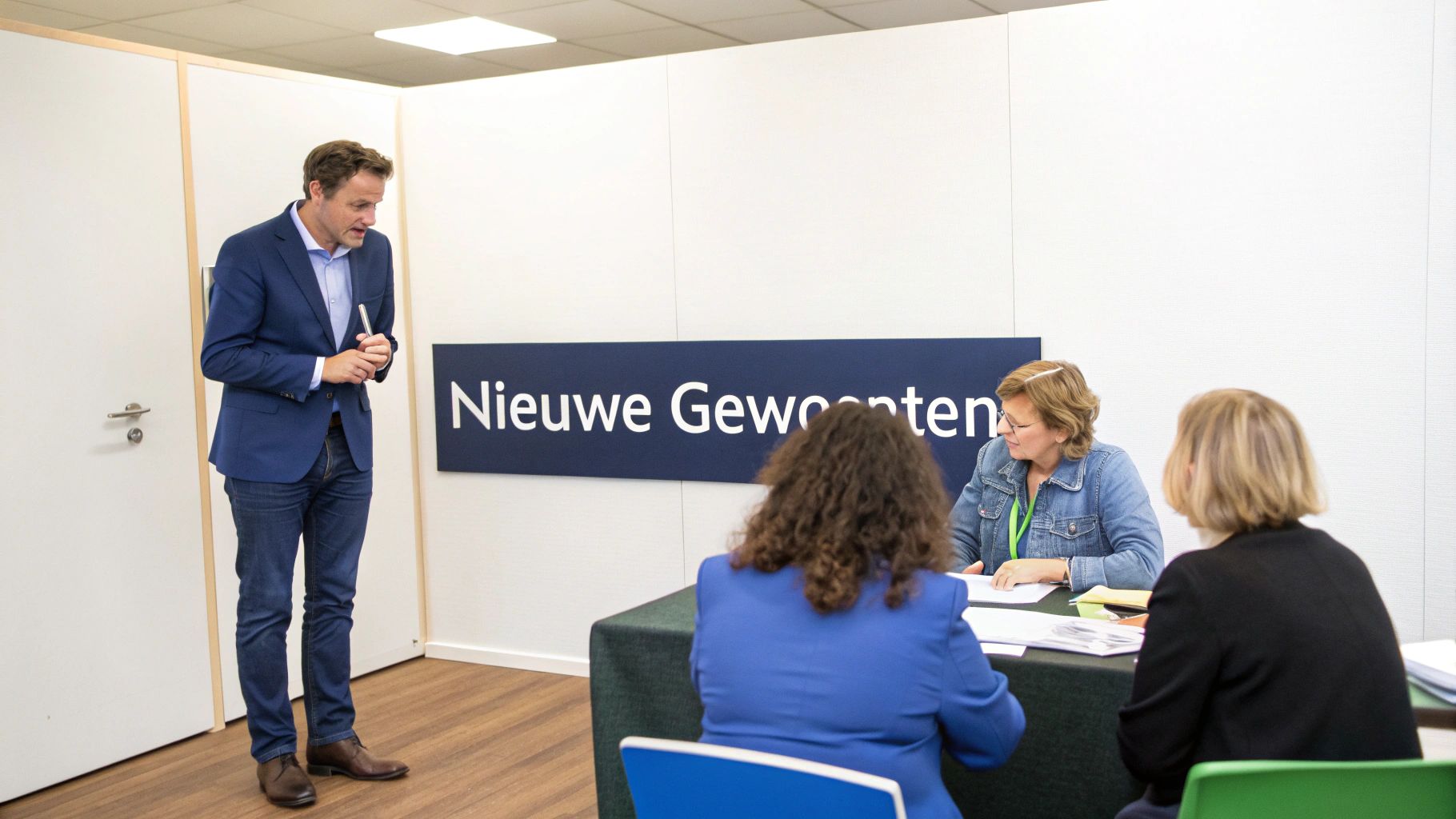 Zakelijke training met presentator en drie deelnemers in moderne vergaderruimte met 'Nieuwe Gewoonten' banner