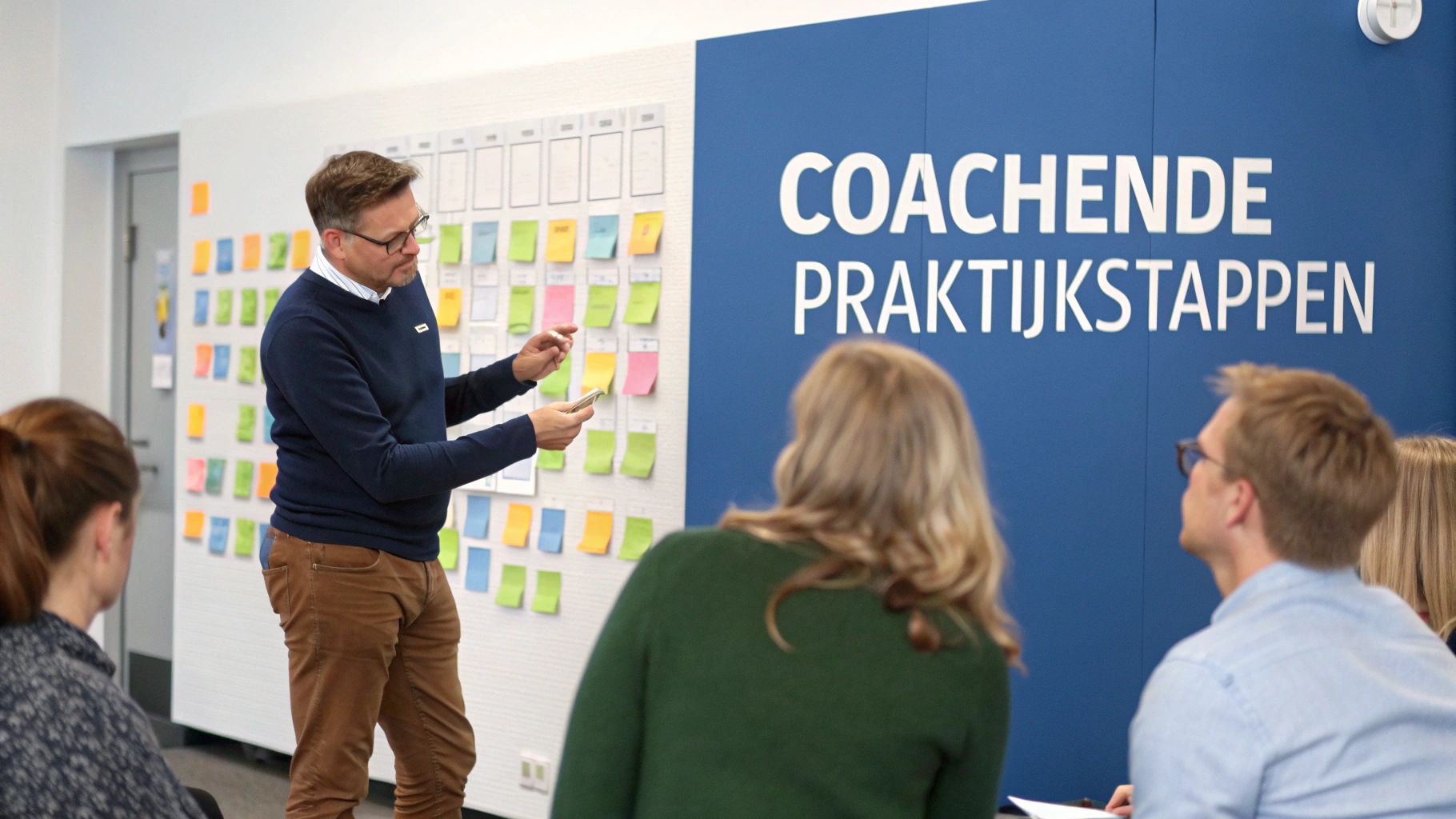 Manager schrijft op een whiteboard tijdens een training