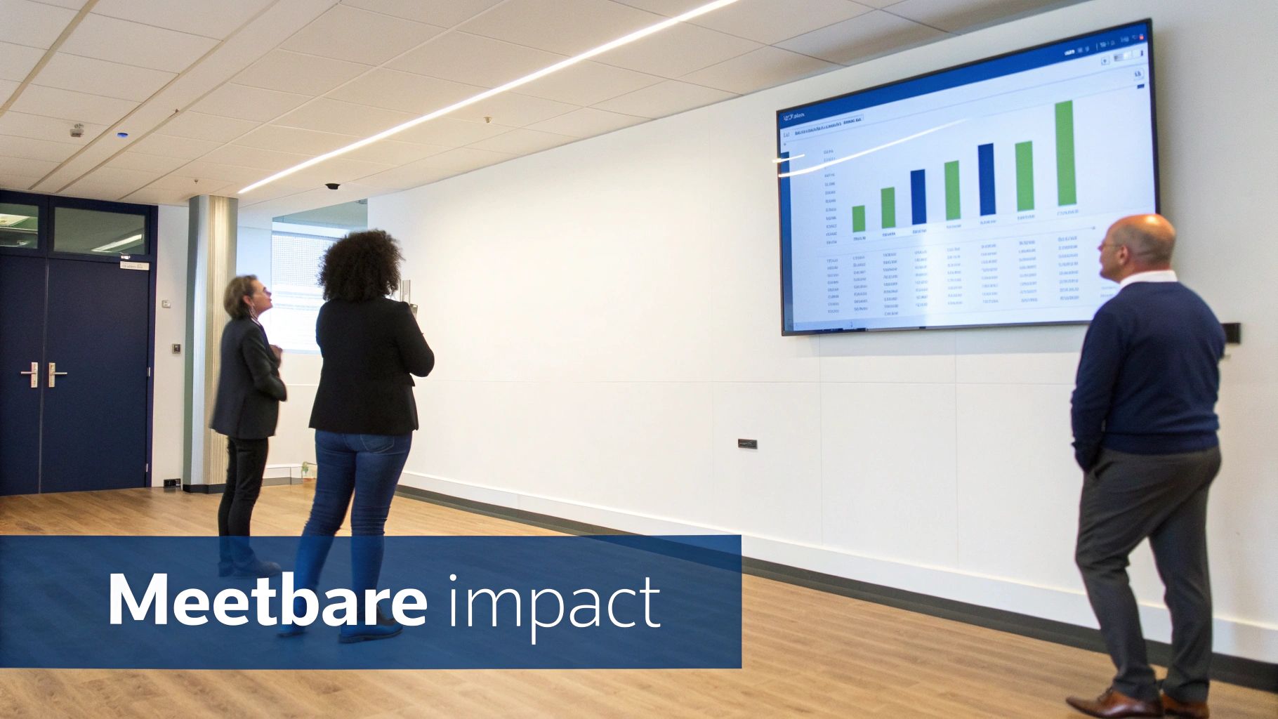 Een grafiek die omhoog wijst, geplaatst over een afbeelding van een productief en betrokken team.