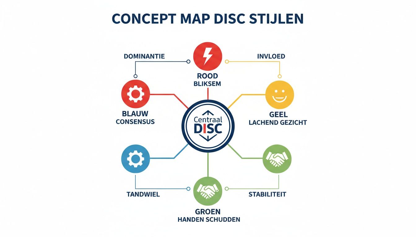 Conceptkaart van DISC-stijlen met pictogrammen: Rood (Dominantie), Geel (Invloed), Groen (Stabiliteit), Blauw (Consciëntieusheid).