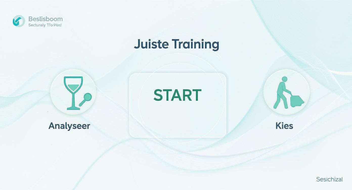 Beslisboom trainingsinterface met START knop en twee opties: Analyseer en Kies voor communicatietraining teams