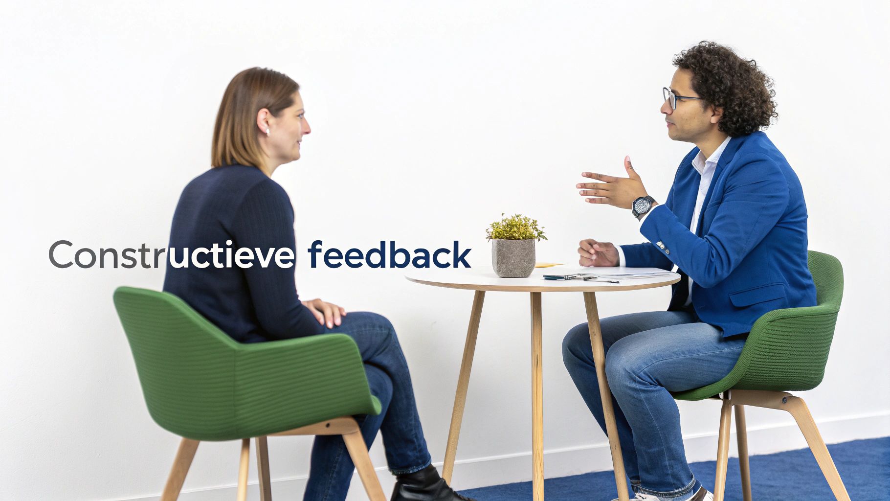 Twee professionals voeren een constructief feedbackgesprek aan tafel in moderne kantooromgeving