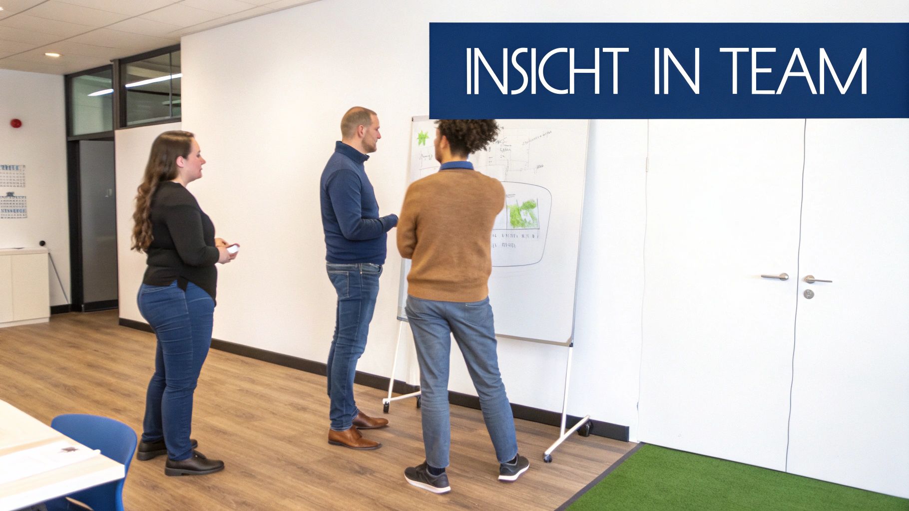 Drie collega's in een kantoorruimte, waarvan twee mannen naar een whiteboard kijken en een vrouw toekijkt.