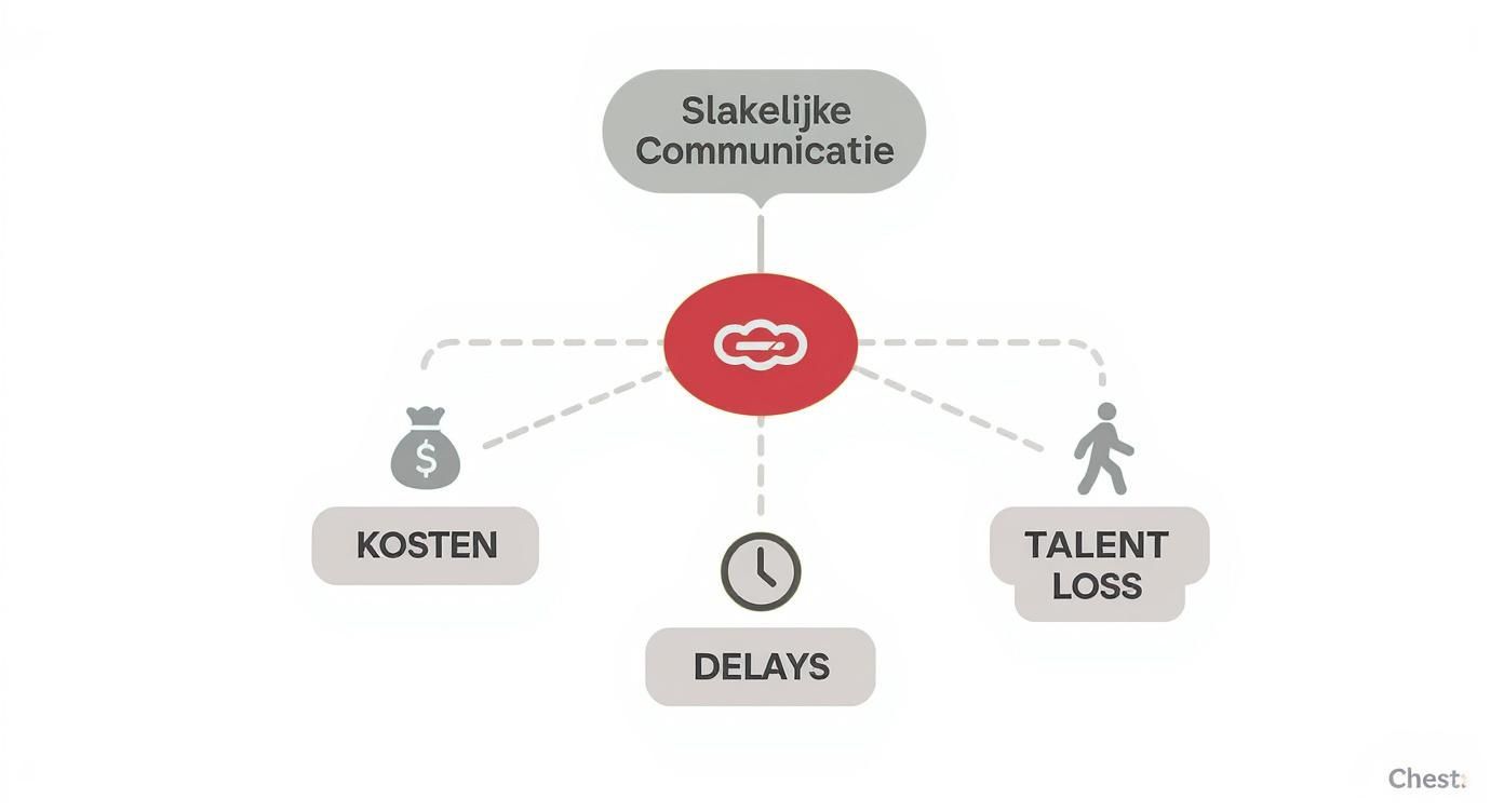 Een infographic die de negatieve gevolgen van trage communicatie toont: hogere kosten, vertragingen en talentverlies.