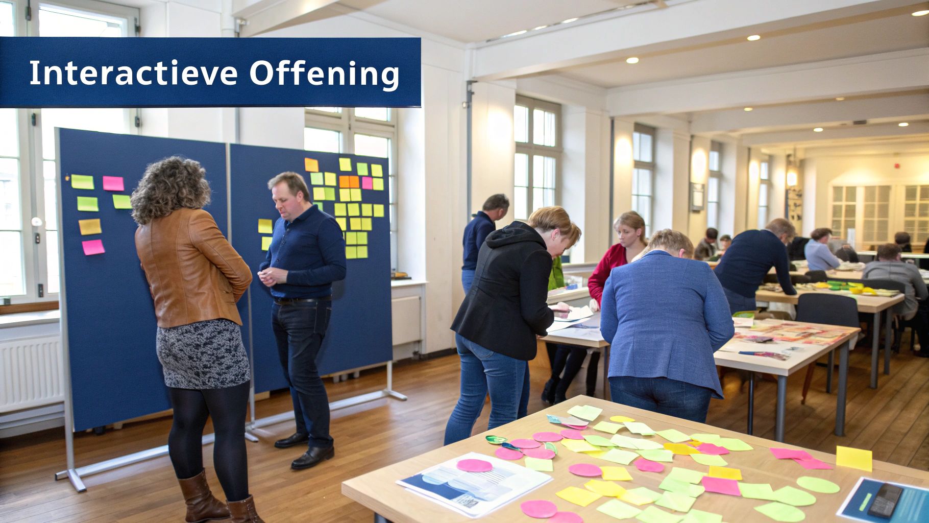 Een team dat actief meedoet aan een interactieve MBTI-oefening, met post-its op een white board.