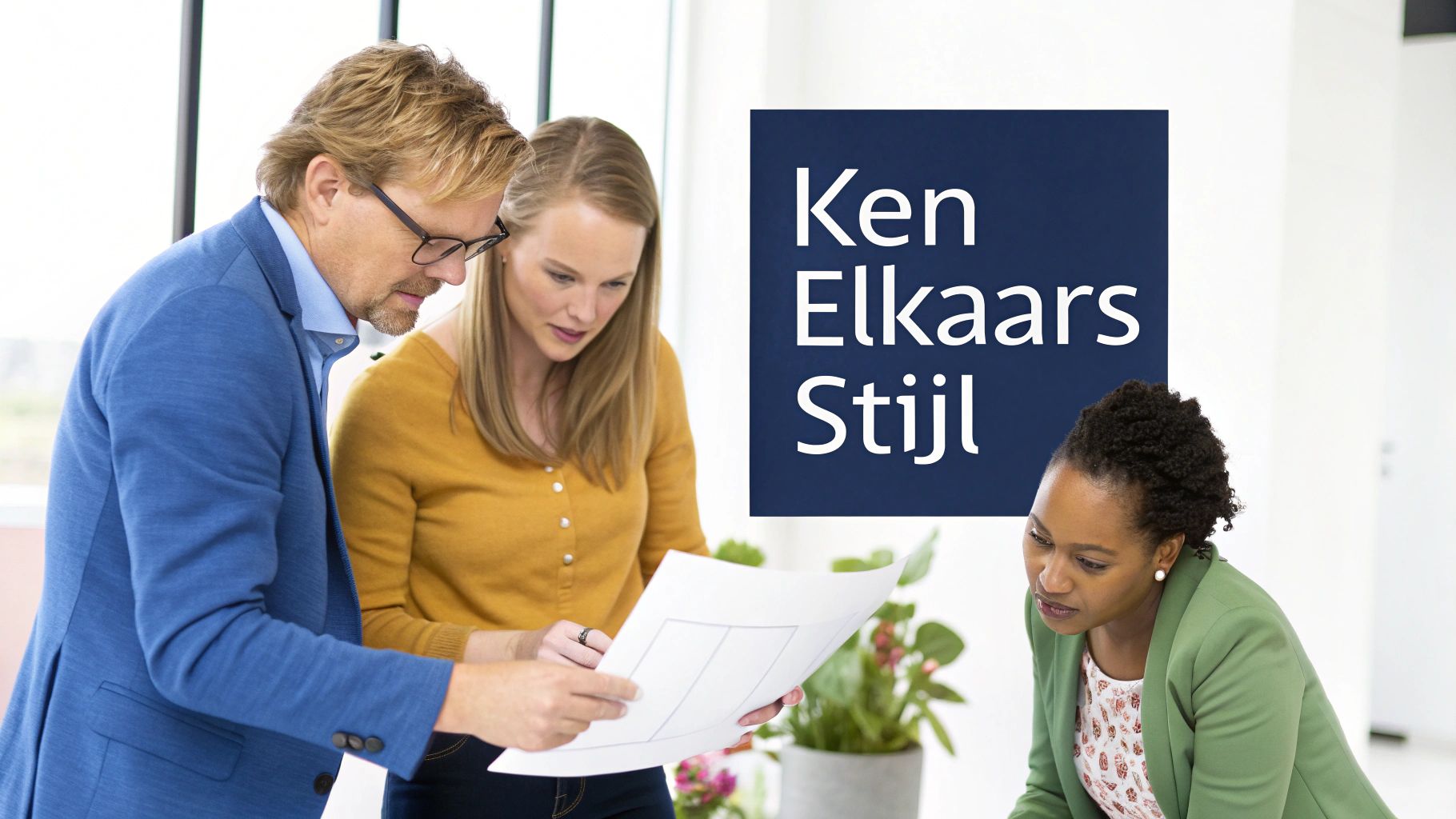 Een groep collega's werkt samen aan een project met behulp van DISC-inzichten.