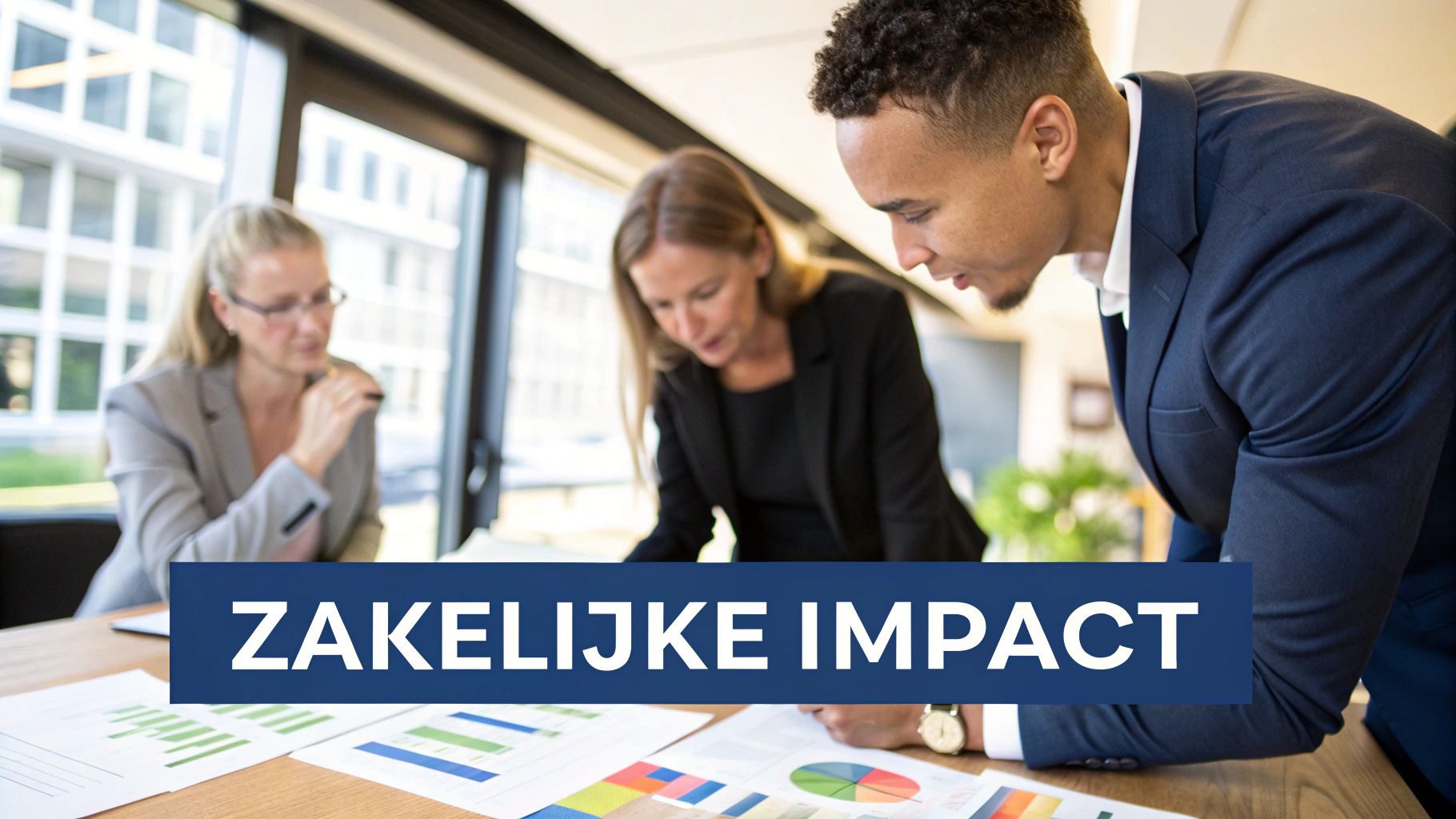Team dat samenwerkt en brainstormt in een vergaderruimte, wat de positieve zakelijke impact van EQ training illustreert