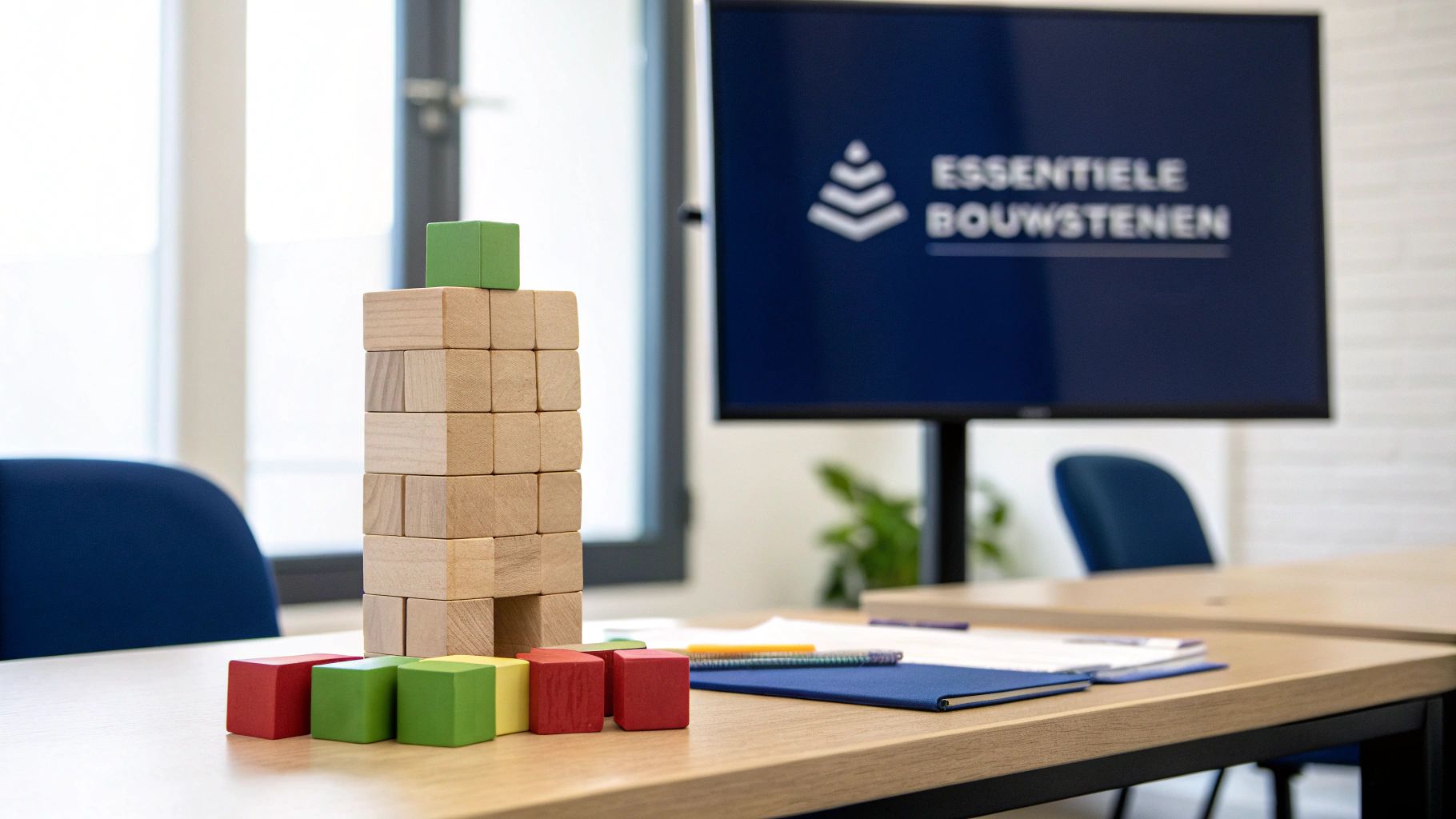 Houten bouwblokken op bureau symboliseren structuur en groei bij training persoonlijke effectiviteit