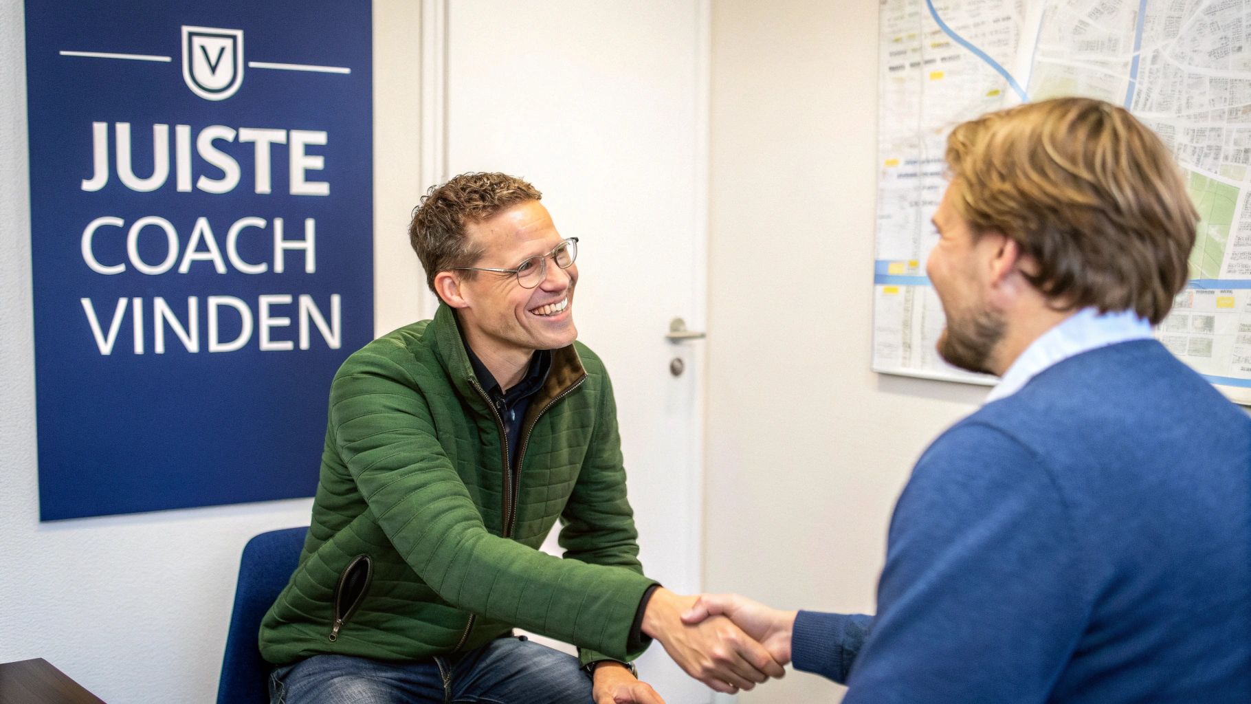 Een coach en professional in gesprek in een modern kantoor in Amsterdam.