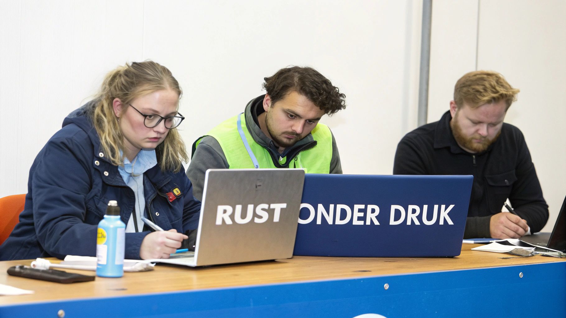 Drie professionals volgen samen een communicatietraining op locatie achter laptops aan tafel