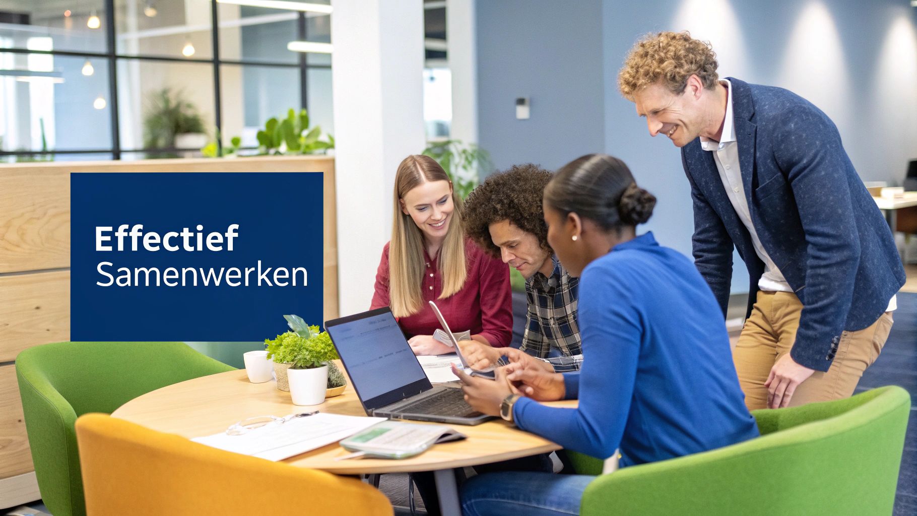 Een divers team werkt samen aan een tafel, wat de verschillende persoonlijkheden in een MBTI-workshop symboliseert.