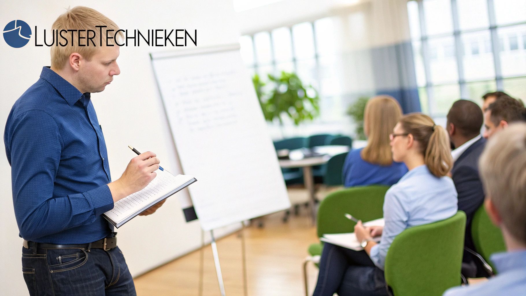 Twee collega's die actief luisteren tijdens een gesprek in een modern kantoor.