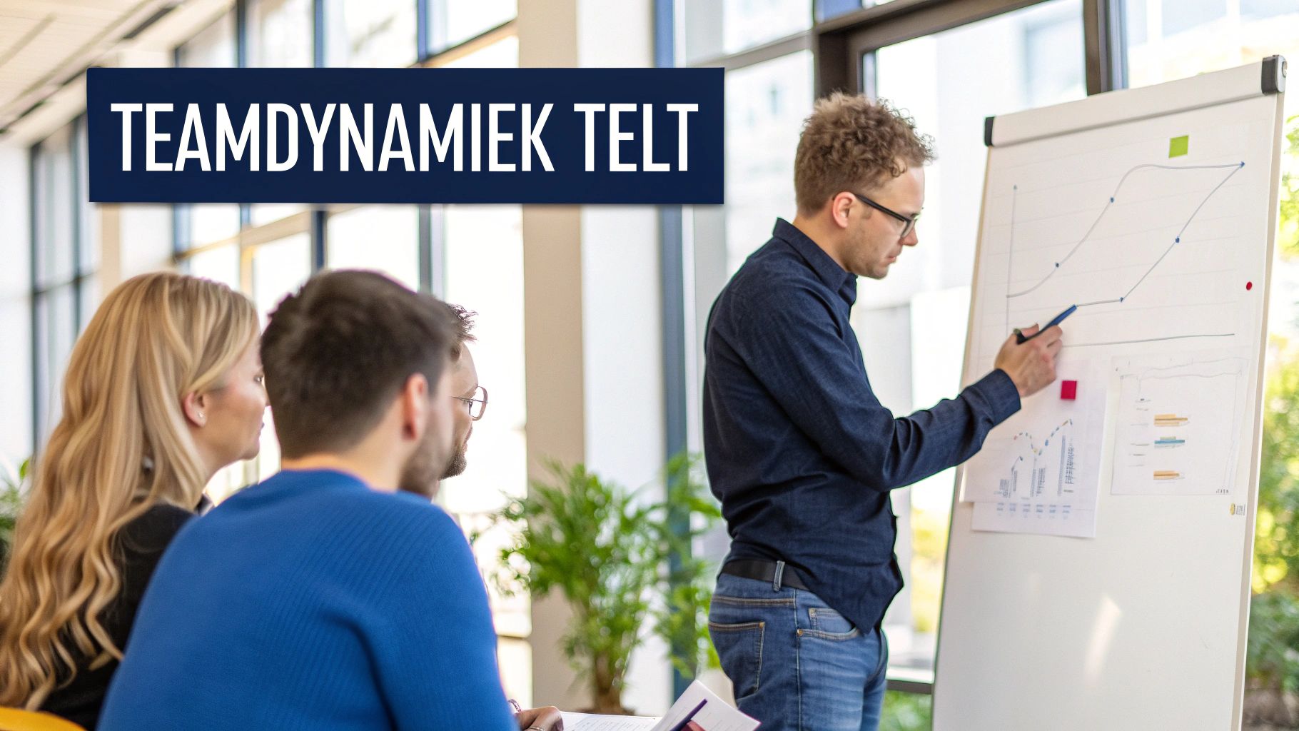 Man presenteert teamdynamiek data op een flipover aan collega's tijdens een workshop.