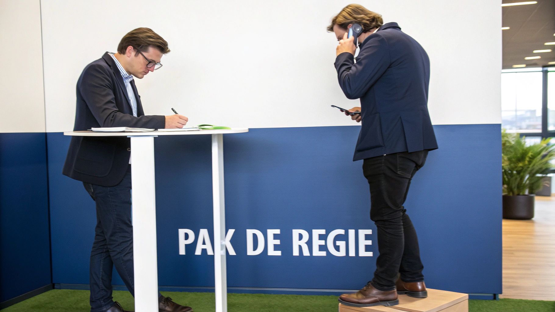 Een team dat samenwerkt aan een whiteboard, bezig met het uitwerken van een strategie in een positieve sfeer