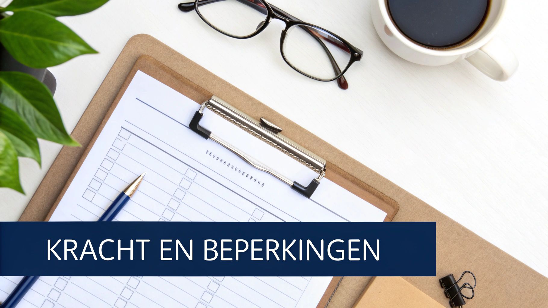 Een flat lay van een bureau met een klembord, pen, bril, koffie en de tekst 'Kracht en Beperkingen'.