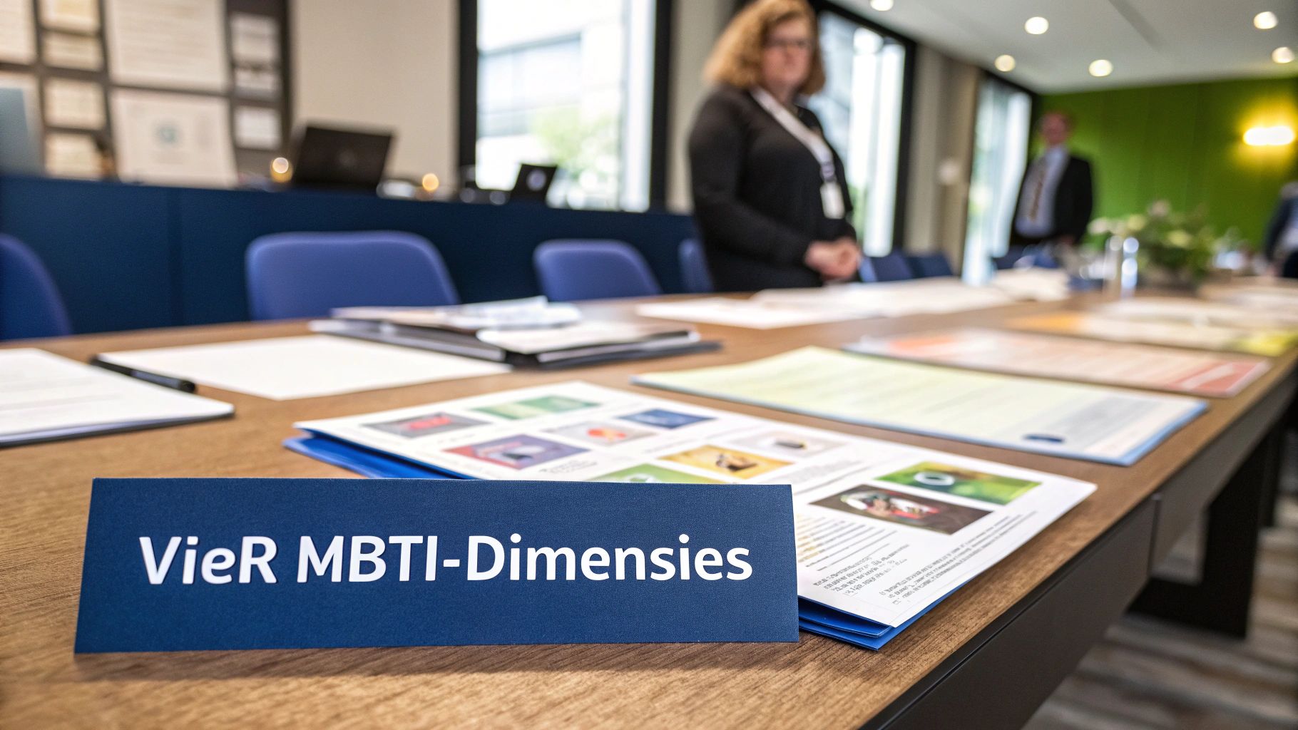 Overzicht van de vier MBTI dimensies met iconen die de verschillende voorkeuren vertegenwoordigen.