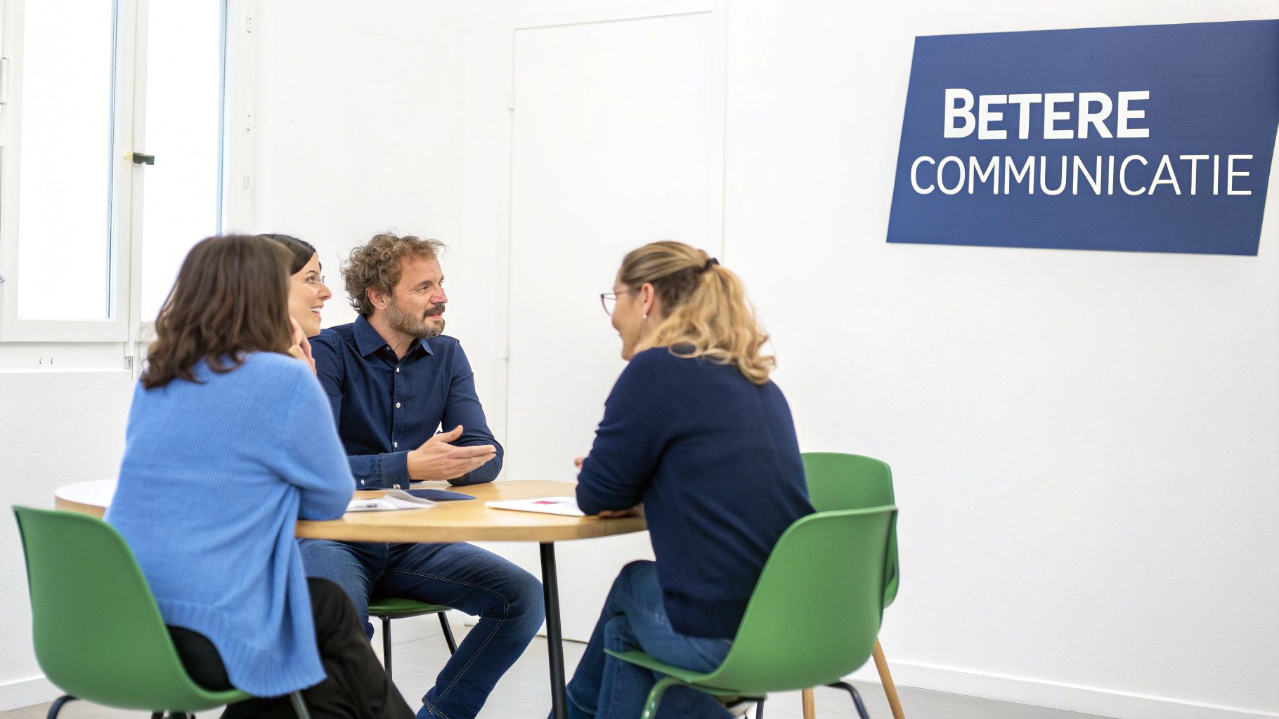 Vier mensen bespreken communicatie aan een tafel, met een bord 'BETERE COMMUNICATIE' op de achtergrond.