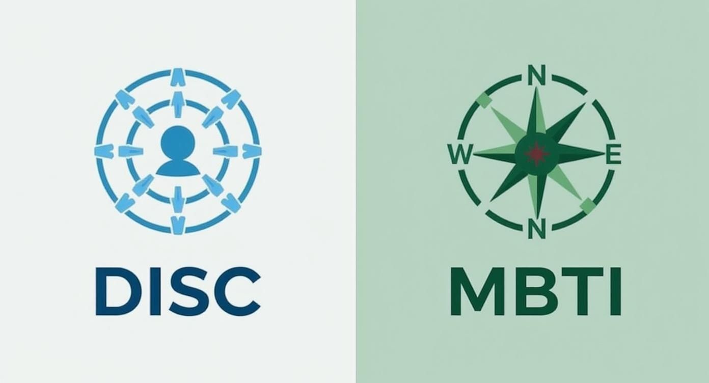 Afbeelding toont twee modellen voor persoonlijkheidsanalyse: DISC met een netwerk van mensen en MBTI als kompas.