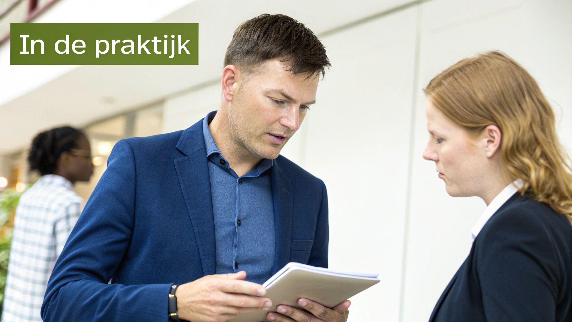 Twee professionals bekijken papieren tijdens een overleg, met de tekst 'In de praktijk' in beeld.