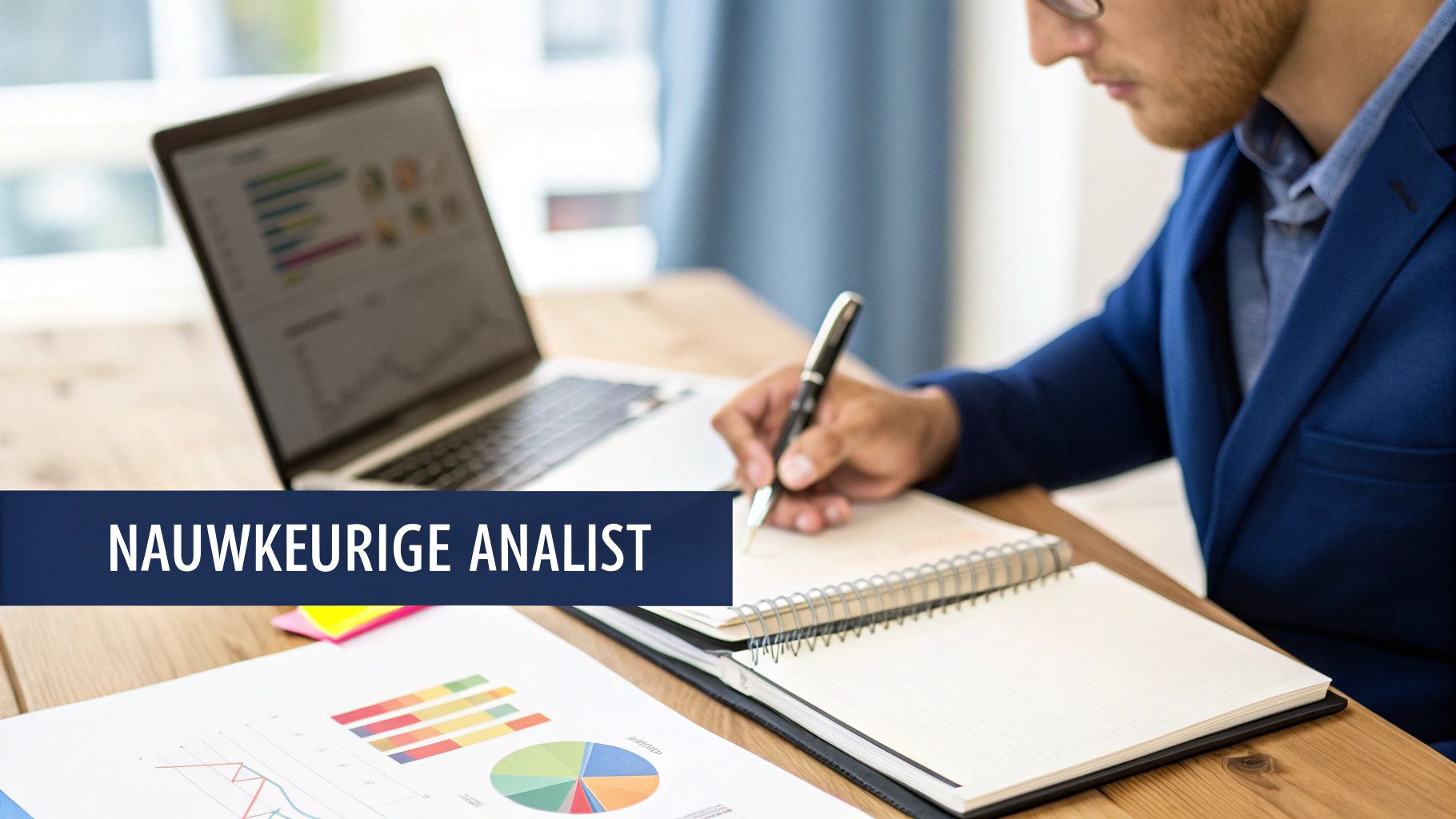 Man in een blauw pak schrijft in een notitieboekje, met laptop en zakelijke documenten op bureau. Tekst: Nauwkeurige Analist.