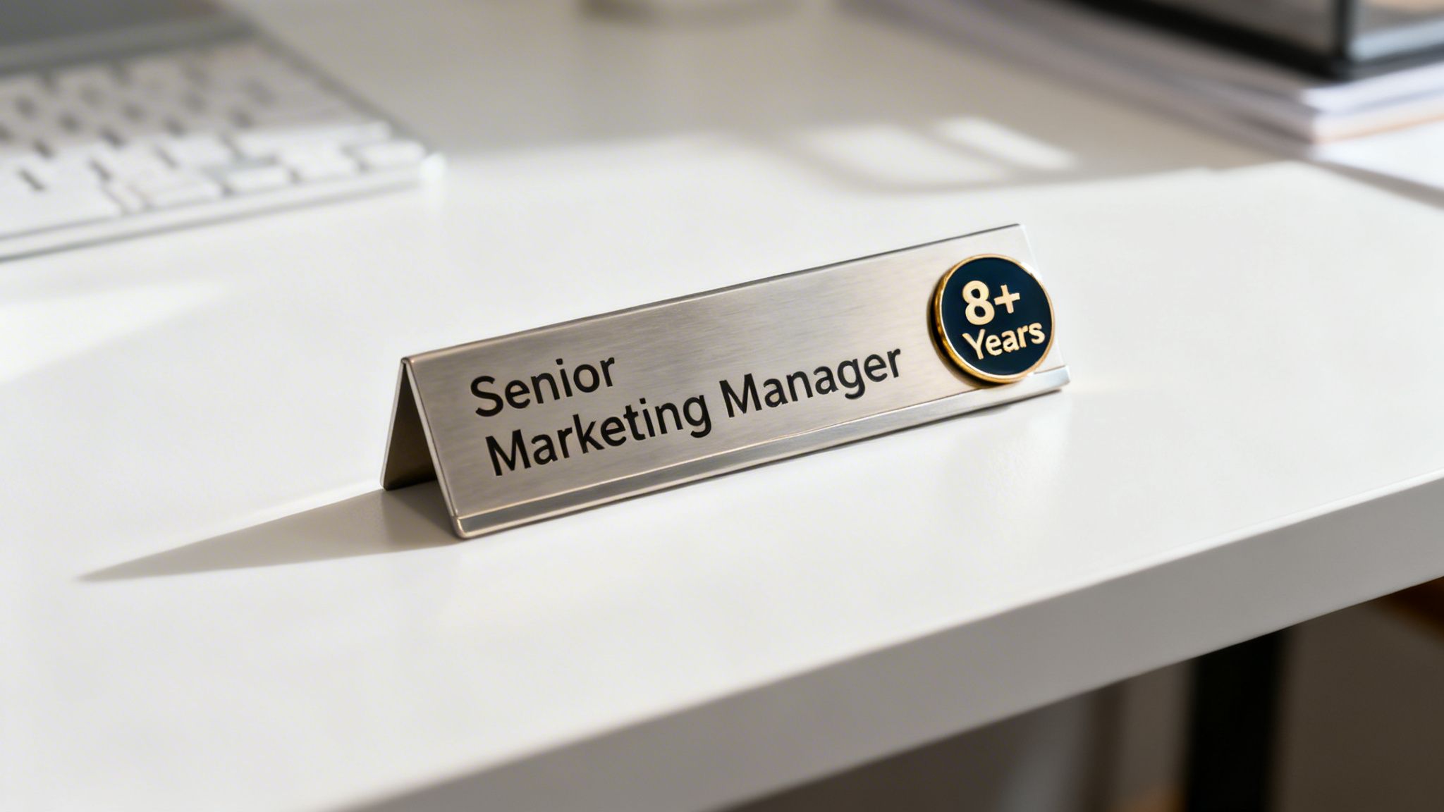 A brushed metal desk nameplate displays 'Senior Marketing Manager' and an '8+ Years' badge on a white desk.