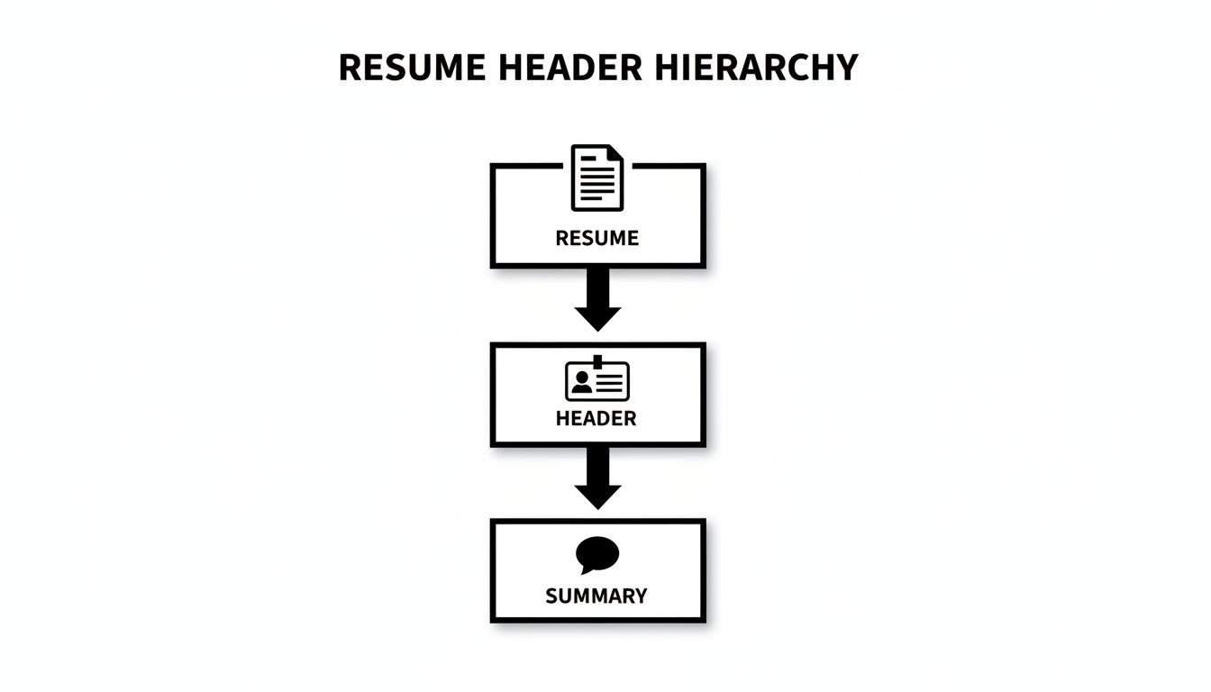 A resume header hierarchy diagram showing the flow from resume to header and then to summary.