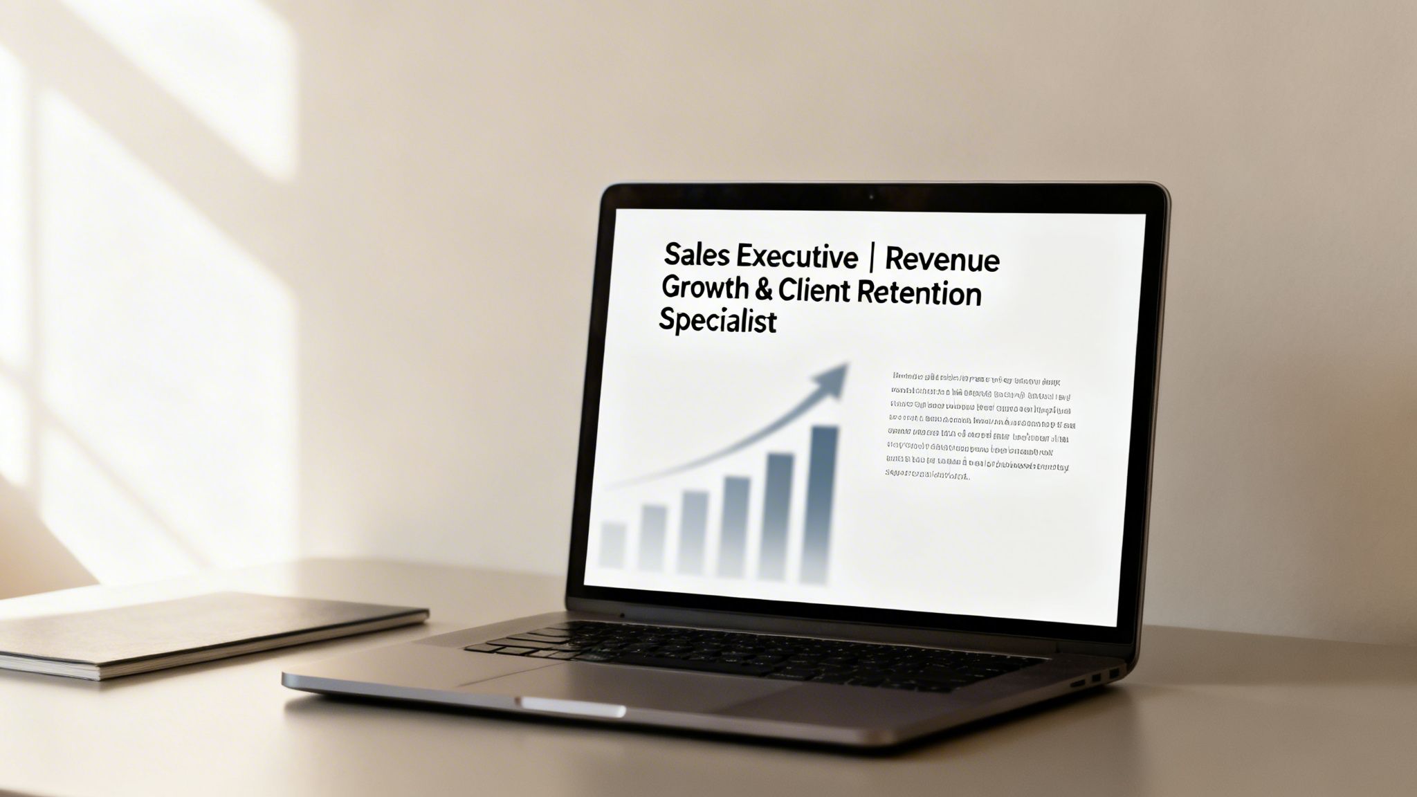 Laptop on a desk displaying a sales executive resume title and a growth graph, with a notebook nearby.